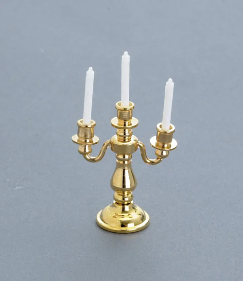 3-Arm Candelabra, Brass with White Candles