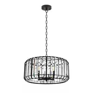 4-Light Elegant Crystal-Adorned Black Drum Chandelier – Modern Industrial Cage Pendant