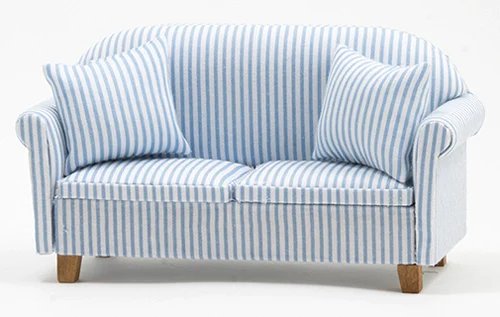 Sofa with Pillows, Blue/White Stripe
