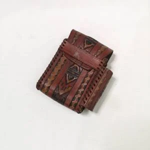Cigarette Case- African Art Pattern Embossed Leather with Lighter Holder- Vintage