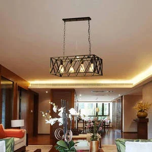 Industrial Matte Black 4-Light Geometric Cage Pendant – Linear Metal Chandelier with X-Brace Detail