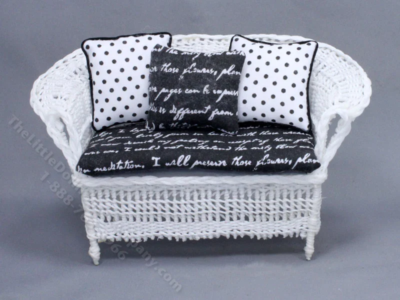 Miniature Black and White Wicker Sofa for Dollhouses