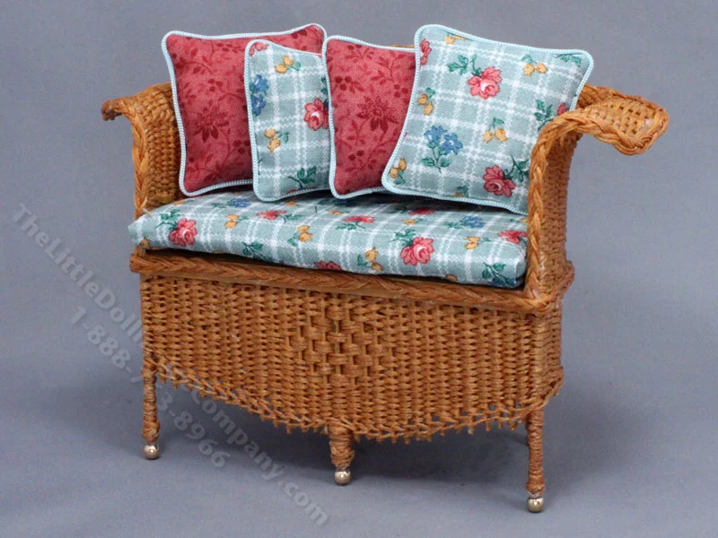 Miniature Blue Floral and Brown Wicker Sofa for Dollhouses