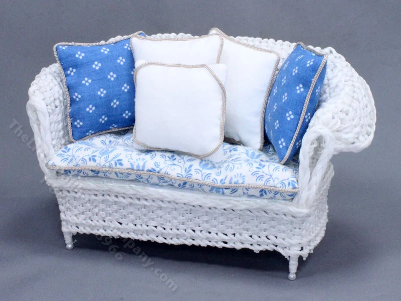 Miniature Blue Floral and White Wicker Sofa for Dollhouses