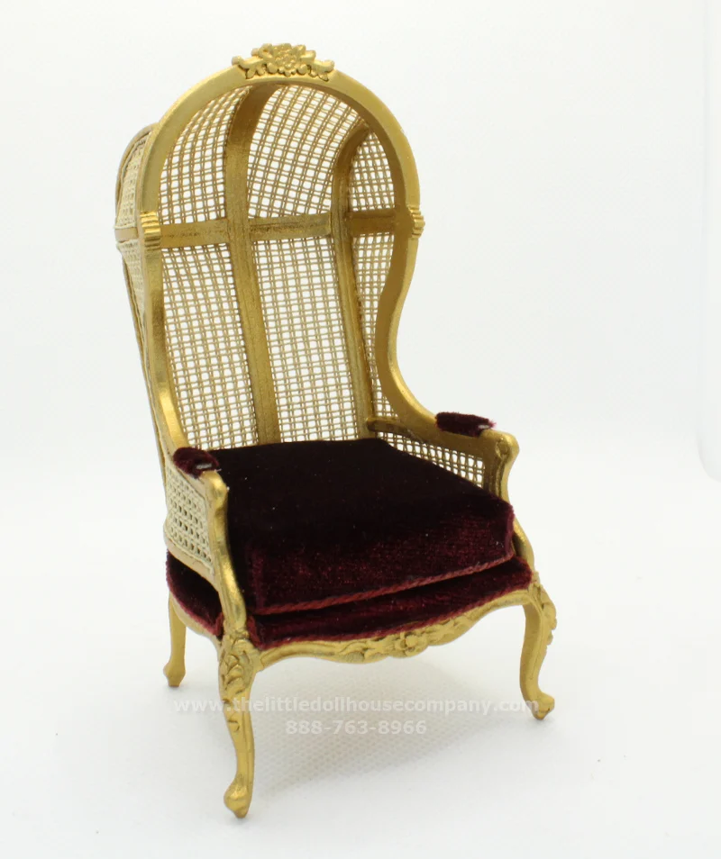 Miniature Cane Back Gold and Burgundy Porter Chair