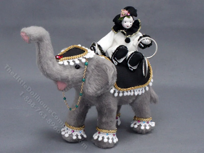 Miniature Elephant With Pierrot Clown for Dollhouses