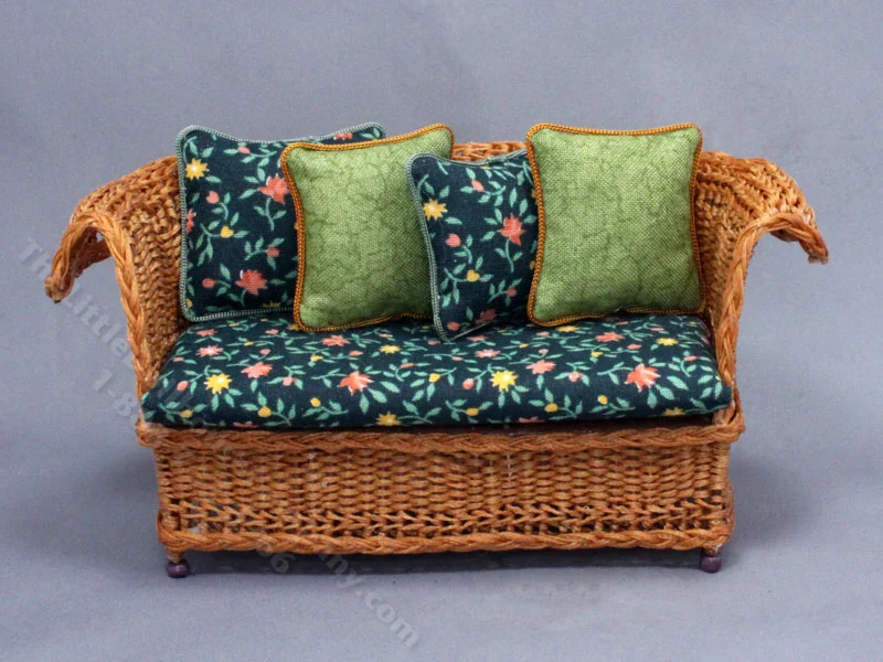 Miniature Floral and Brown Wicker Sofa for Dollhouses