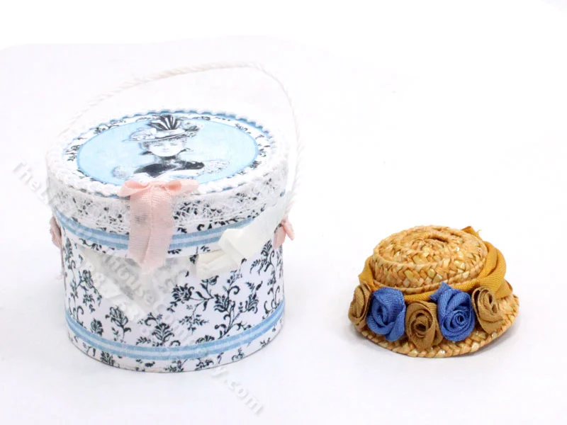 Miniature Floral Hat Box and Hat for Dollhouses