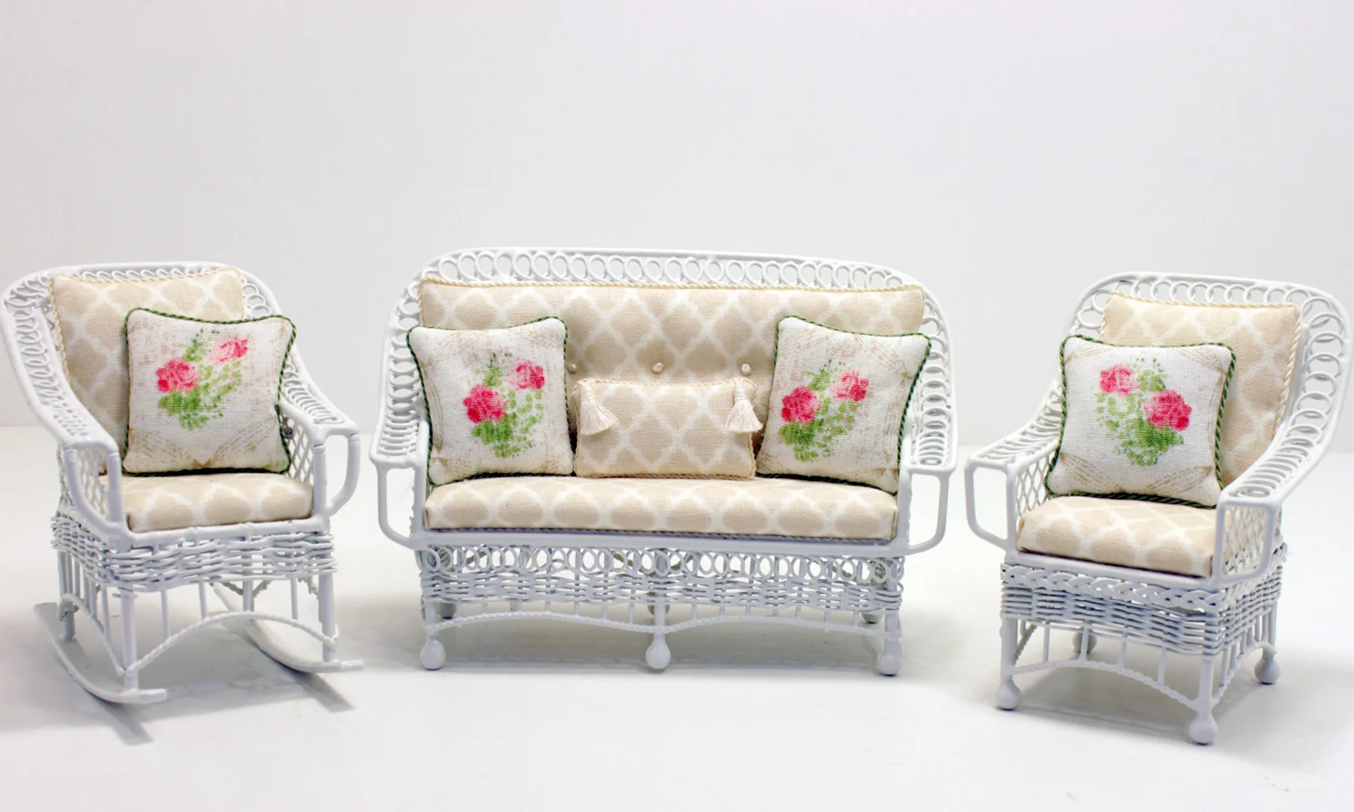 Miniature Metal White 3-Piece Seating Set with Beige Cushions