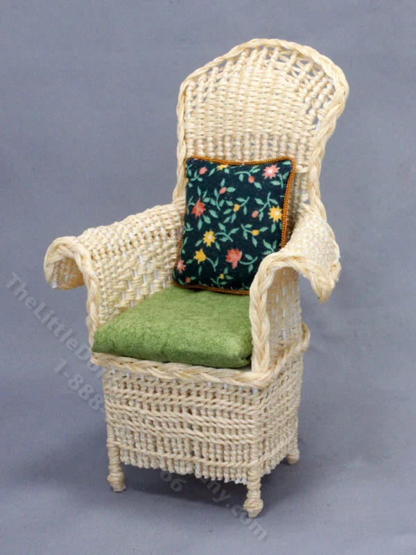 Miniature Natural Wicker Chair with Green for Dollhouses