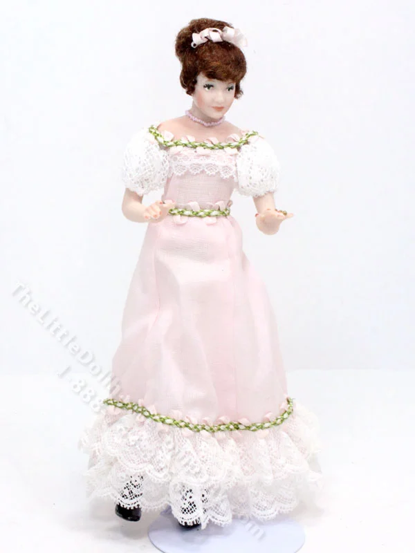 Miniature Porcelain Doll in Pink and Lace Dress