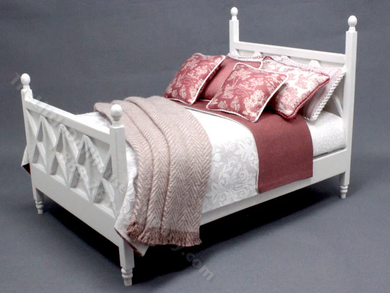 Miniature White Damask and Rose Toile Dressed Bed for Dollhouses