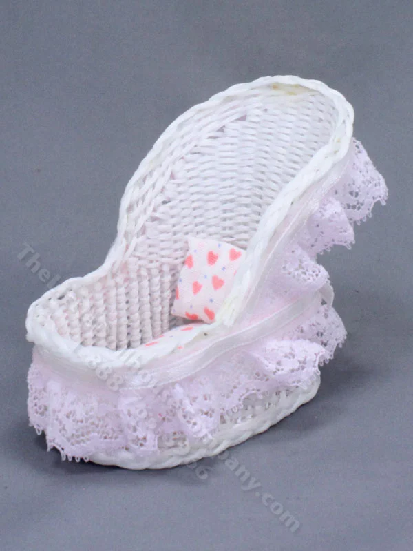 Miniature White Wicker Bassinet with Lace Trim for Dollhouses
