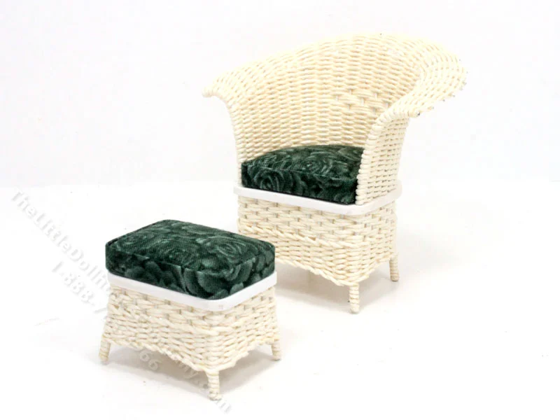 Miniature White Wicker Chair & Stool for Dollhouses