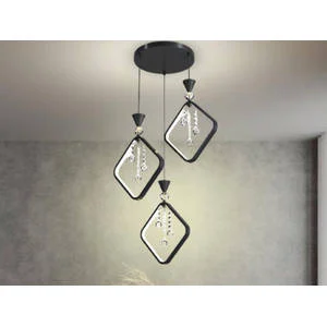 Modern 3-Head Pendant Chandelier – Geometric Design with Crystals, Adjustable Hanging Light for Dini
