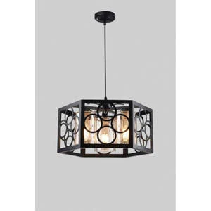 Modern Hexagonal Geometric Cage Pendant Light – Matte Black Industrial Chandelier with Glass Inserts
