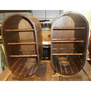 PAIR OF VINTAGE WOODEN BARREL WINE RACKS WITH BOTTLE STORAGE of 3 TIERS FOR 6 BOTTLES - SET OF TWO