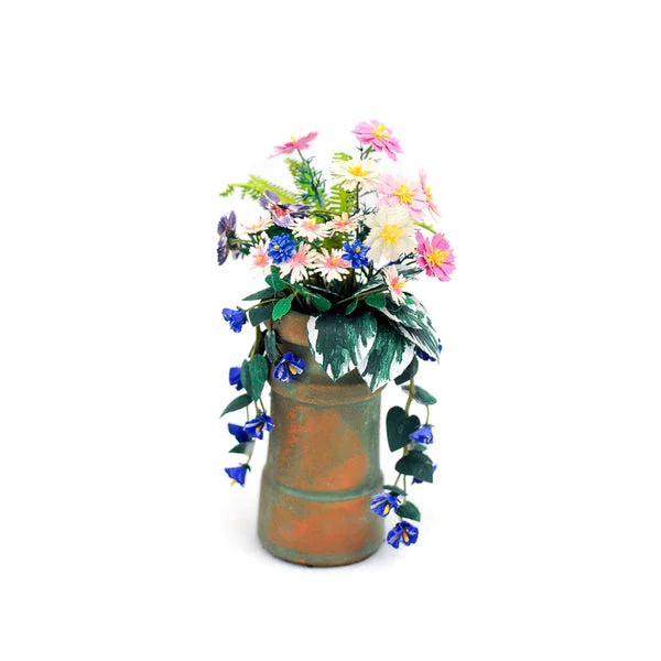 Pedestal Urn with Gerber Daisies, Morning Glory, Zinnia, Ferns and Hosta Leaves