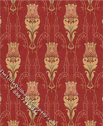 Red Tulip Tapestry Pattern Miniature Wallpaper for Dollhouses