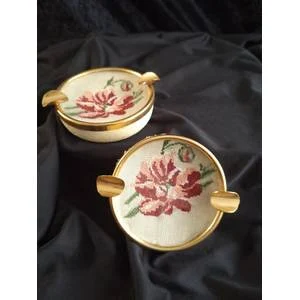 Stunning Vintage Petit Point Dressing Table Ashtray Set.