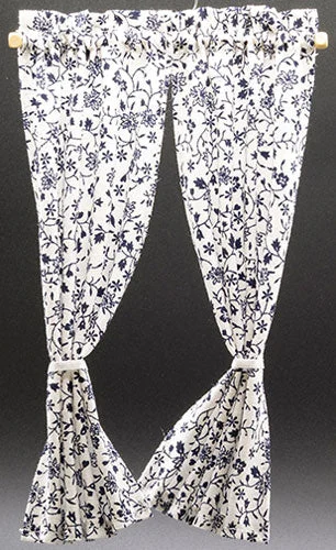 Tie Back Curtains, White with Blue Flower Vine