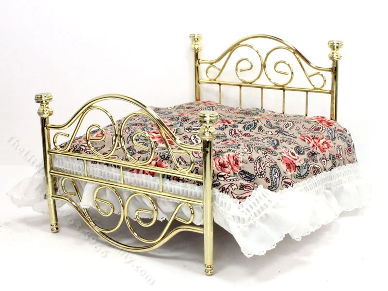 Vintage Miniature Brass Bed with Floral Bedding