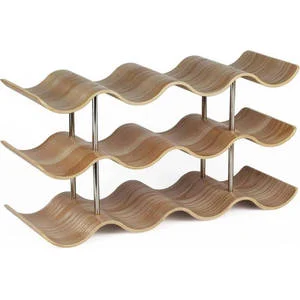 Wooden Wavy Wine Rack – 3-Tier Kitchen Organizer, Brown Wood & Metal